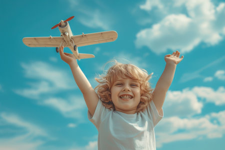 Little Girl Holding Toy Airplane in the Airの素材