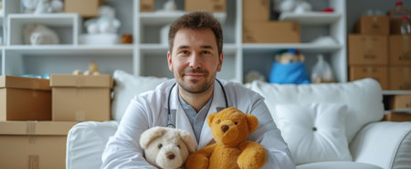 A Man Sitting on a Couch Holding Two Teddy Bearsの素材
