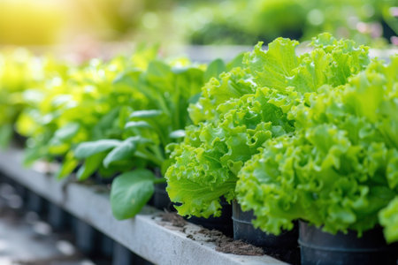 A Row of Lettuce Plants in a Greenhouseの素材