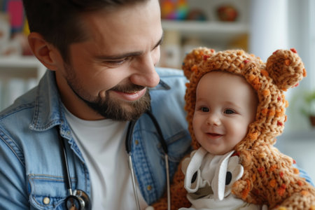 Man Holding Baby Wearing Bear Costumeの素材