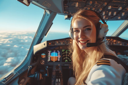 Woman Wearing Headset in Cockpit of Planeの素材