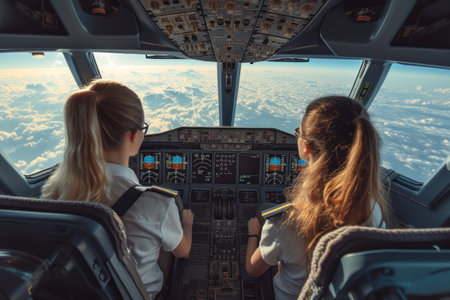 Two Women Sitting in the Cockpit of an Airplaneの素材