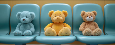 A Row of Teddy Bears Sitting on Top of Blue Chairsの素材