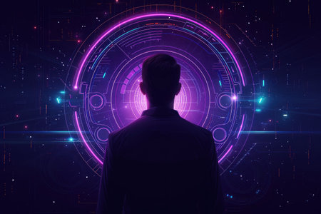 Man Standing in Front of Purple Circleの素材