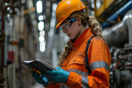 Woman in Hard Hat and Safety Gear Using Tabletの素材