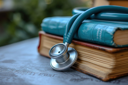 Stethoscope Resting on Top of a Stack of Booksの素材