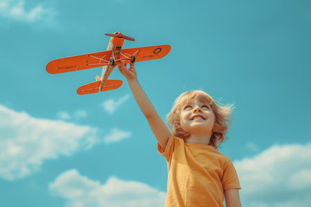 Little Boy Holding Toy Airplane in the Airの素材