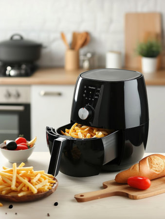 Modern electric coffee machine with french fries on table in kitchen, closeupの素材