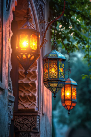 Lanterns in the courtyard of the mosque. Ramadan Kareem.の素材