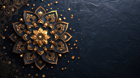 Dark blue background with gold ornament. 3d rendering, 3d illustration.の素材