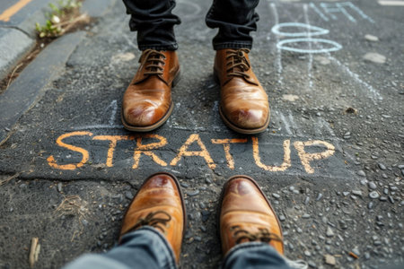 Feet Standing on Street With Stratup Writtenの素材