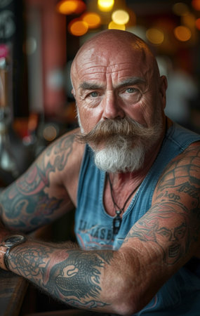 Tattooed Man Sitting at a Barの素材