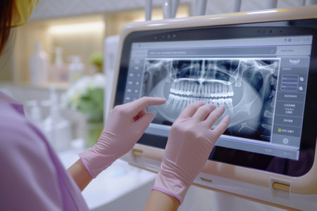Woman in Medical Gown Examining X-Rayの素材