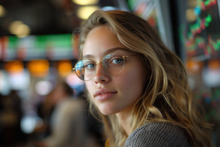 Woman Wearing Glasses Looking Into Distanceの素材