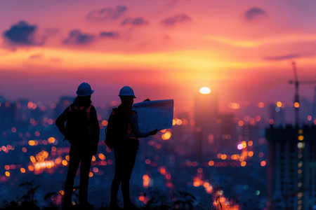 Two People Standing on Top of a Hill at Sunsetの素材