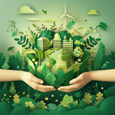 Two Hands Holding Green Globe With Trees and Buildingsの素材