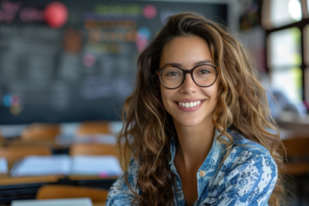 Woman Wearing Glasses Sitting in a Classroomの素材