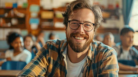 Man With Glasses Sitting at Table in Front of Peopleの素材