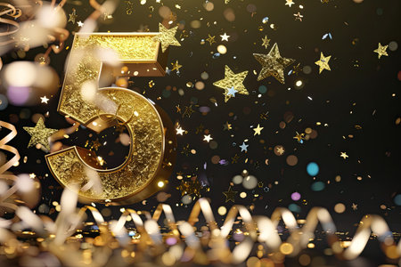 A vibrant golden number five stands out in the center, surrounded by a flurry of colorful confetti and streamers. The confetti adds pops of various colors, creating a festive and celebratory atmosphere around the shiny numeralの素材