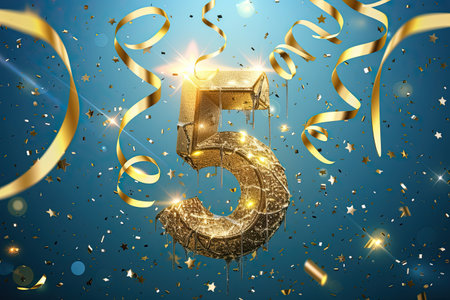 A shiny golden number five stands out amidst a backdrop of colorful streamers and confetti, creating a festive and celebratory atmosphereの素材