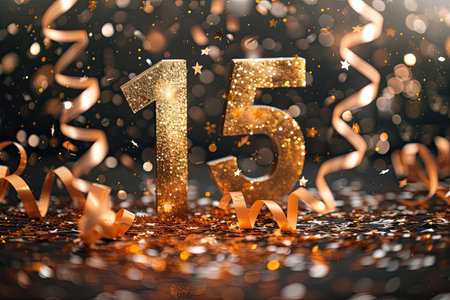 A golden number five stands out against a background of colorful streamers and confetti. The streamers cascade around the number, creating a festive and celebratory atmosphereの素材