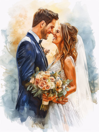 A detailed painting featuring a bride and groom dressed in elegant wedding attire, standing arm in arm. The bride is wearing a white gown and veil, while the groom is in a classic black suit. Both are smiling joyfully, with a beautiful backdrop of a romantic settingの素材
