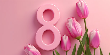 Pink flowers and a pink number 8 are displayed against a pink background. The number 8 stands out prominently among the delicate pink flowers, creating a visually striking compositionの素材