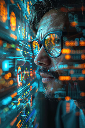 A man wearing glasses is focused on the computer screen in front of him, engrossed in his work or task. The screen casts a soft glow on his face as he concentrates on what he is seeingの素材