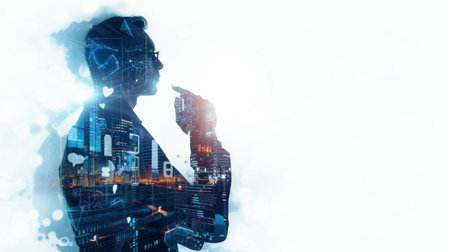 A man wearing a high-tech futuristic suit stands against the backdrop of a bustling city skyline. The suit features advanced technology and sleek design elements, contrasting with the urban settingの素材