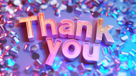 Three-dimensional letters spelling out thank you are displayed, surrounded by a festive array of confetti. The colorful confetti adds a celebratory touch to the message displayedの素材