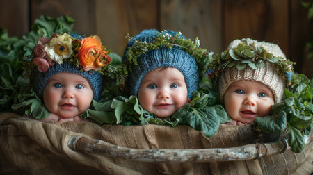 Three newborn babies are sitting in a woven basket, each wearing a colorful knitted hat. The babies are comfortably nestled together, looking cozy and adorableの素材
