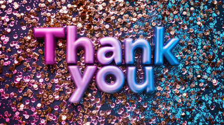 Three-dimensional letters spell out the words thank you in a bold and impactful manner. The letters are large and stand out against the background, creating a visually striking message of gratitudeの素材
