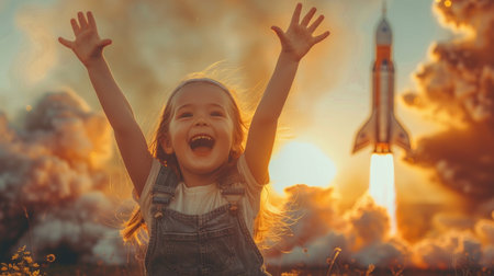 A young girl stands confidently in front of a rocket, looking up in amazement at the towering structure. She is wearing casual clothing and her hair is blowing in the wind. The rocket is metallic and futuristic, with flames coming out from the bottomの素材