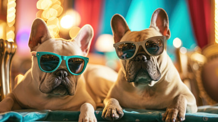 Two French bulldogs are lounging on a bed, each wearing sunglasses. The dogs are relaxed and comfortable, looking stylish in their accessoriesの素材