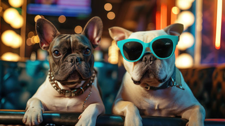Two dogs of different breeds are sitting side by side, wearing sunglasses. The dogs appear relaxed and content as they enjoy the sunny day togetherの素材