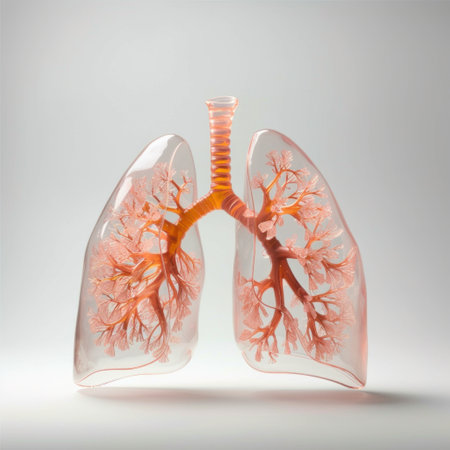 A detailed model of the lungs is showcased, highlighting the intricate network of bronchi, alveoli, and blood vessels. The demonstration emphasizes the importance of the respiratory system in oxygen exchange and gas transportationの素材