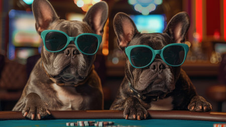 Two dogs, one brown and one black, are sitting at a wood table wearing sunglasses. They are both looking straight ahead, seeming relaxed and contentの素材