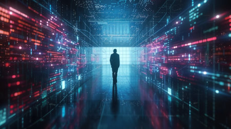 A man stands in a dark room illuminated by vibrant neon lights, casting a colorful glow on his silhouette. The stark contrast between the darkness and the bright neon creates a striking visual effectの素材