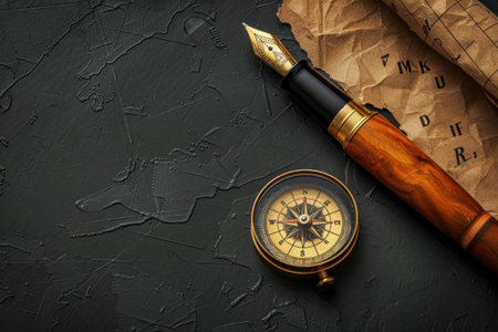 A pen, compass, and paper are neatly arranged on a wooden table. The pen is uncapped, ready for use, while the compass lies next to a blank sheet of paper, suggesting work in progressの素材