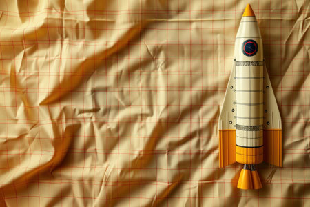 A toy rocket, designed in bright colors, rests on top of a flat sheet. The rocket is upright and appears ready for takeoff, positioned centrally on the sheetの素材