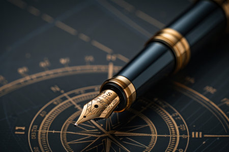 A black fountain pen is placed on top of an unfolded map, with the pen cap off. The map displays various locations and markings, while the pen is positioned as if ready to mark or write on itの素材