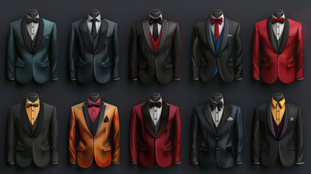 A collection of mens tuxedos in various colors displayed side by side in a formal arrangement. The tuxedos are neatly arranged, showcasing different shades and styles in a formal settingの素材