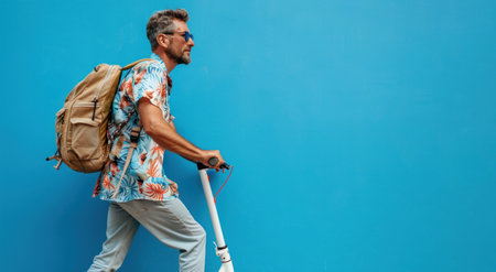 A man with a backpack is riding a scooter on a city street. He is wearing casual clothing and appears to be commuting or running errandsの素材