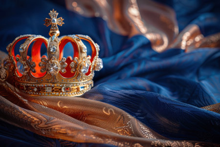 A golden crown is positioned atop a blue cloth, the vibrant colors contrasting against each other. This image showcases regality and luxury through the simple yet striking compositionの素材