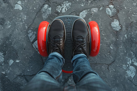 Selfie of male legs in black jeans and black sneakers standing on red gyro scooter on grey asphalt backgroundの素材