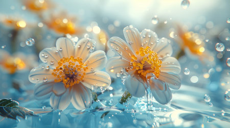 Two white flowers with bright yellow centers are gently floating in clear water. The delicate petals are soaking in the serene liquid, creating a simple yet beautiful sceneの素材