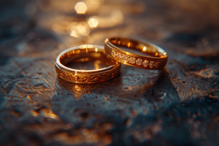 Wedding rings on a background of golden bokeh.の素材