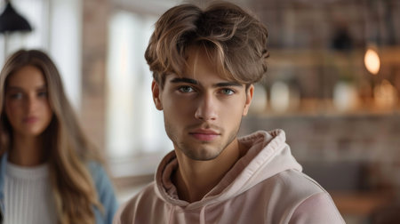 A man and a woman are standing side by side, facing forward. They are both looking ahead with neutral expressions. The man is wearing a dark suit while the woman is in a blue dress. They appear to be in a casual setting, outdoorsの素材
