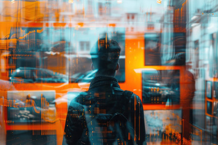 Silhouette of a man in a black jacket on a background of the cityの素材