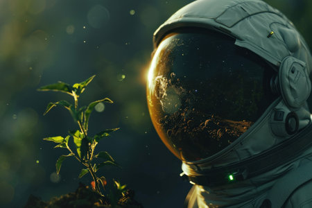 A man in a space suit is standing next to a plant, examining it closely. The astronauts helmet reflects the environment around him as he conducts research on the alien floraの素材